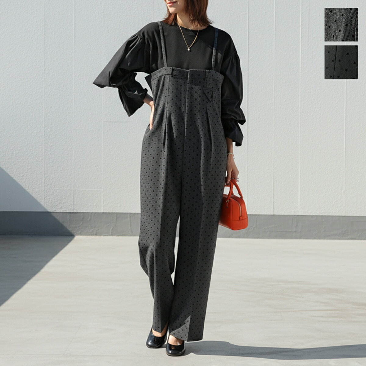 PICCIN ピッチン サロペット 907380 レディース オールインワン ハート フロッキー ウール混 へリンボーン リラックスフィット ワイドパンツ カラー2色