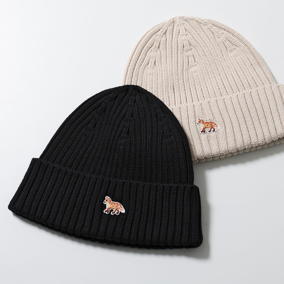 MAISON KITSUNE メゾンキツネ ニット帽 PW06103KT1140 メンズ ベイビーフォックス刺繍 ニットキャップ ビーニー コットン リブ 帽子 カラー2色