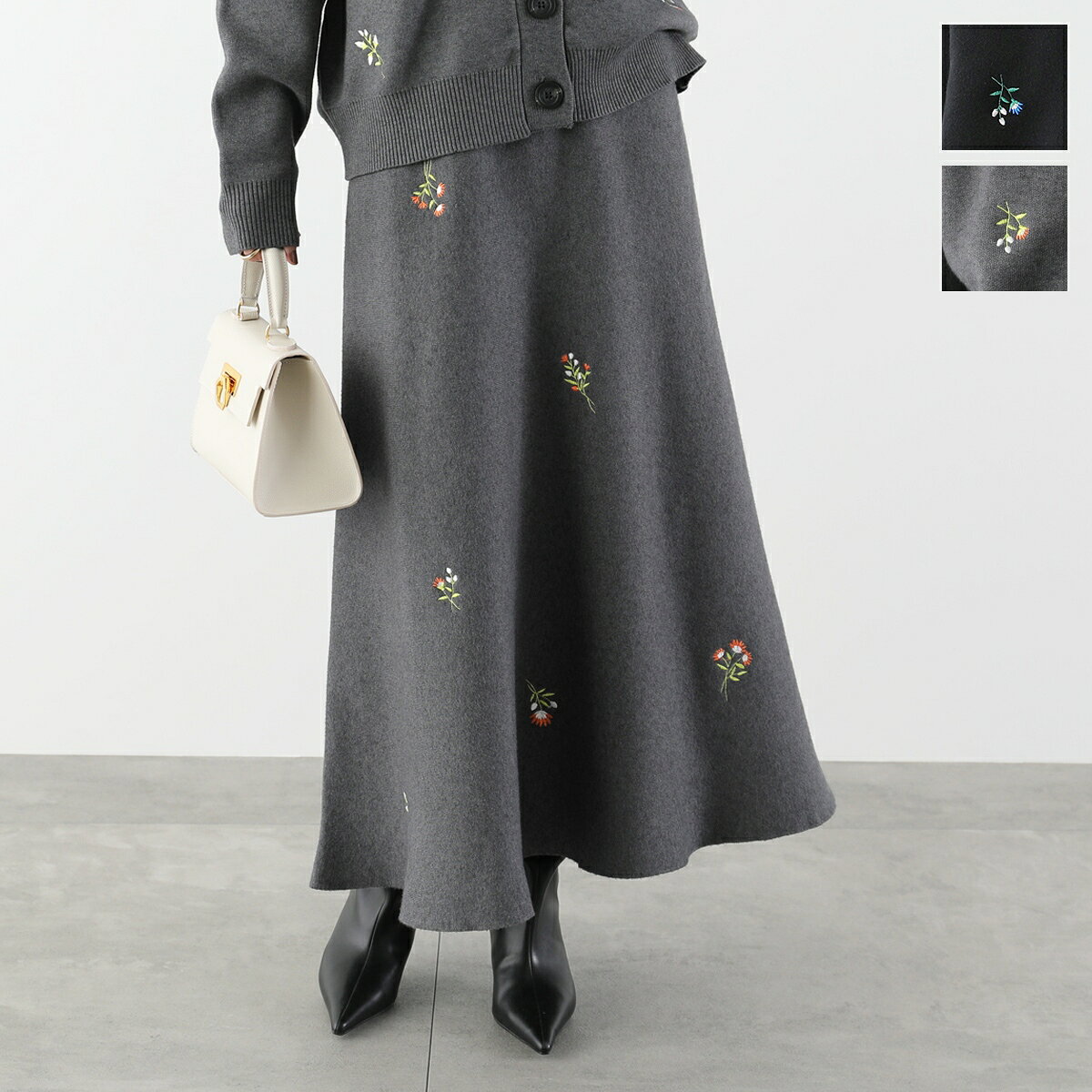 LHELBIE レルビエ ニットフレアスカート 52240L レディース フラワー刺繍 ロングスカート 洗濯可能 セットアップ可能 カラー2色