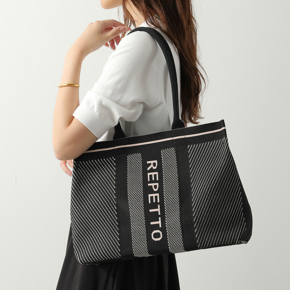 Rakuten - repetto レペット トートバッグ Medium Knitted bag ミディアム ニット B0394TR レディース ロゴ ストライプ 鞄 1217/Noir-Petal
