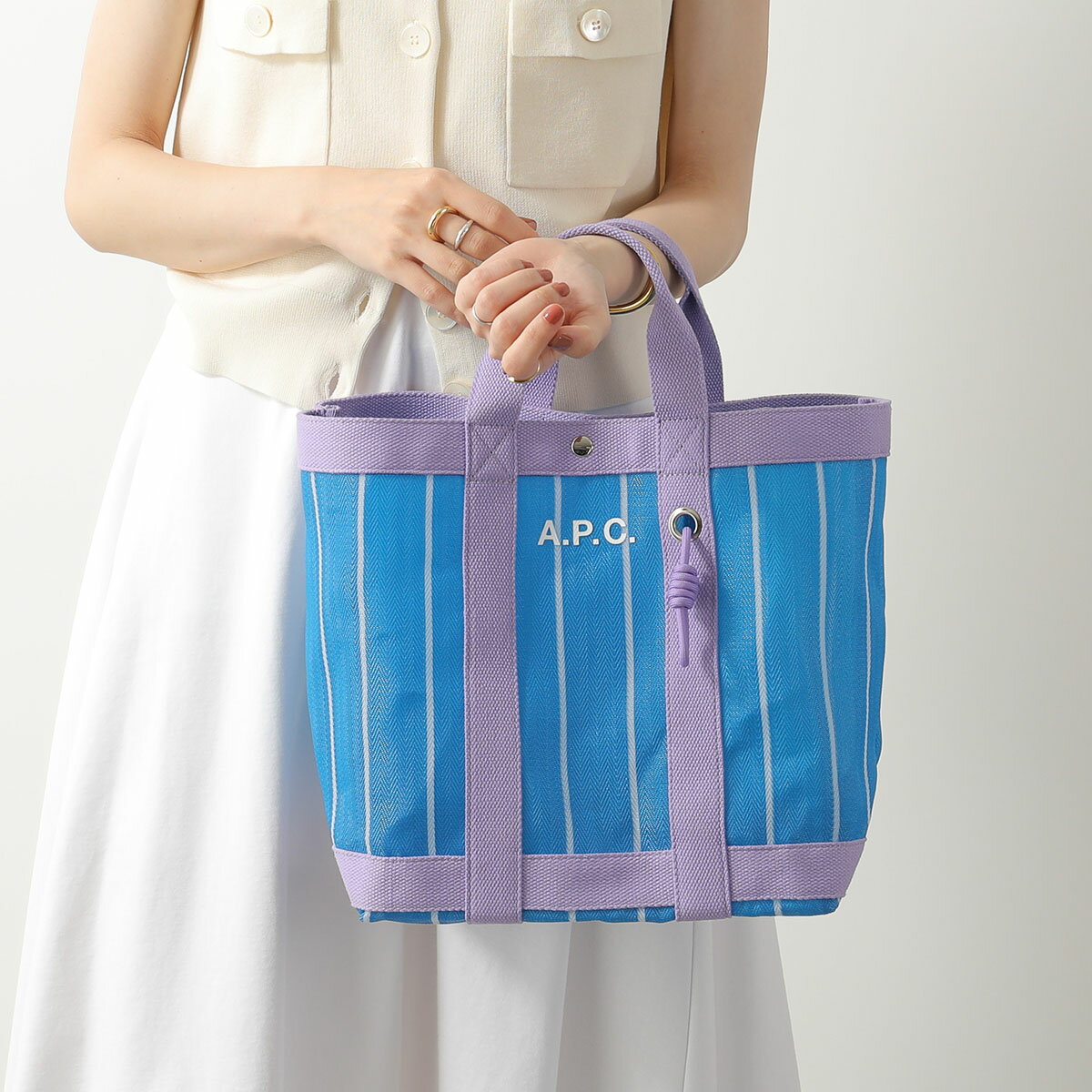 APC A.P.C. アーペーセー トートバッグ Cabas Myrtille PEAAD F67067 レディース ストライプ ハンドバッグ ポーチ付き ロゴ 鞄 TIA/BLEU-DUO-TU
