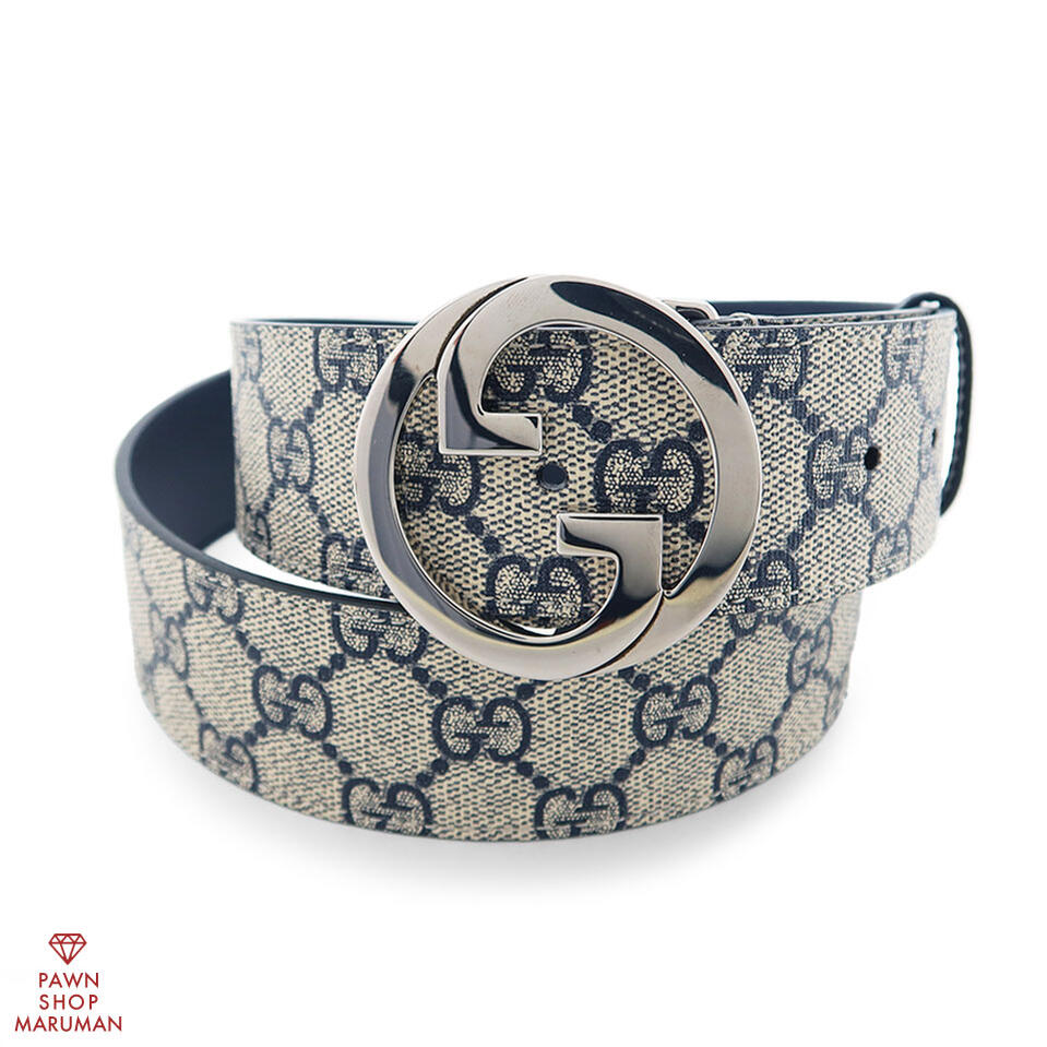 GUCCI グッチ インターロッキングGバックルベルト 703147 GGスプリームキャンバス×レザー ベージュ×ブルー×シルバー金具 95cm【送料無料】【中古】【メンズ】【90cm】【100cm】