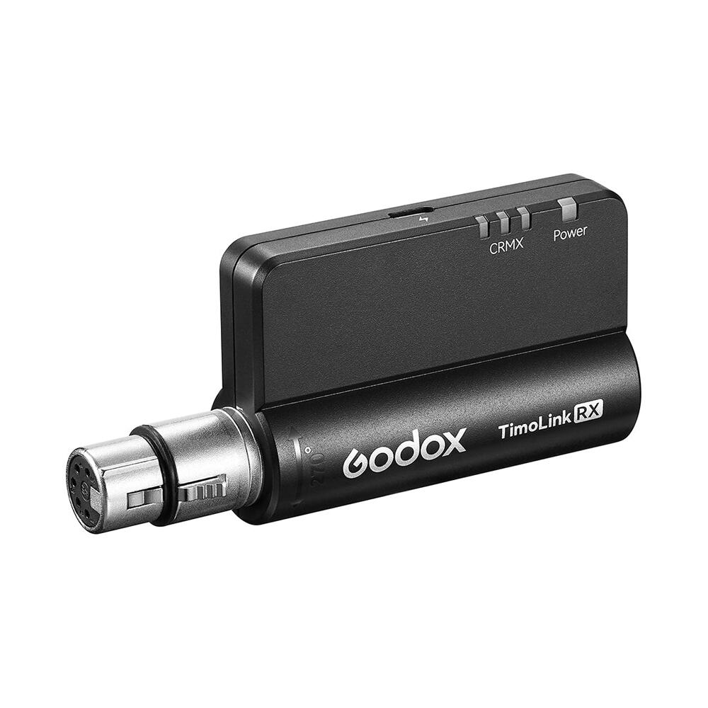 GODOX「TimoLink RX」は、CRMXモジュールを搭載していないDMX対応照明機器に、ワイヤレスDMX制御機能を追加するコンパク トなワイヤレスDMXレシーバーです。LumenRadio製CRMXモジュールを搭載し、DMX対応照明機器をワイヤレスDMX環境へスムーズに統合します。 自動周波数ホッピングに対応し、複雑な撮影・照明環境においても安定したCRMX信号伝送を実現。見通し・障害物のない環境で最 大300mの通信距離を備え、撮影、放送、ライブ配信など、ワイヤレスDMX制御が求められる幅広い現場で活躍します。 DMXコネクターには270°回転式を採用し、照明機器ごとに異なる端子配置にも柔軟に対応。設置時の取り回しを向上させます。8色 の信号インジケーターを搭載するほか、USB Type-Cからの給電にも対応しています。 Godox LDシリーズ、一部のULシリーズ、TLシリーズ、KNOWLED Mシリーズなど、ワイヤレスモジュールを内蔵していないDMX対応照 明機器に適しています。 【仕様】 ◎入力　5V-90mA ◎電源ポート　Type-C ◎信号インジケーター　8色 ◎対応機器　DMX機能搭載照明機器 ◎通信距離　最大300m(見通し・障害物のない環境) ◎DMXコネクター　XLR 5Pin メス: 270°回転可能 ◎動作周囲温度　-20~45°C ◎寸法/重量　110 x 53 x 26mm / 80g ◎付属品　Type-A/Cケーブル 25cm　/アンテナ*1
