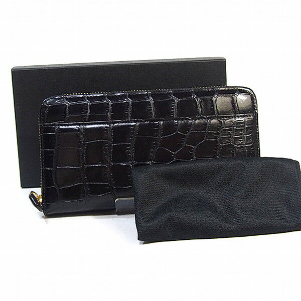 長財布 クロコダイル ラウンドファスナー 両サイド外ポケット付き 0621 ブラック 【H】