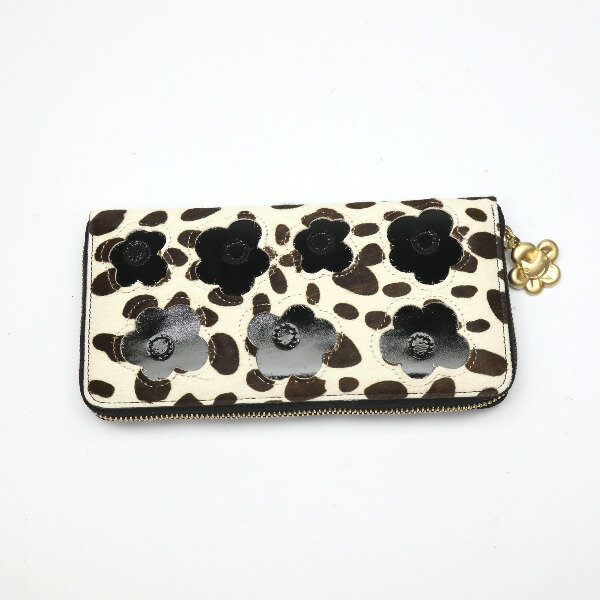 キャッツツモリチサト cat’s TSUMORI CHISATO 長財布 ラウンドファスナー フラワーモチーフ 57587-02 ブラック×ホワイト 【SS】 【中古】