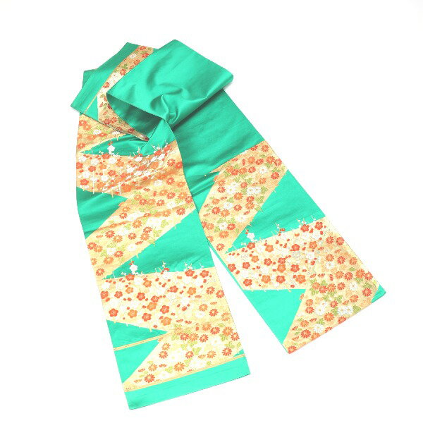袋帯 梅の花 袋帯 緑 【SS】 【中古】