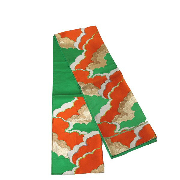 袋帯 雲柄 正絹 グリーン×オレンジ×ゴールド 【SS】 【中古】(4)