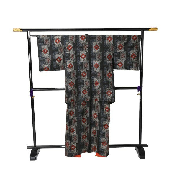 樂天商城 - 紬 長着 大島 村山 黒地にエンジ角柄 【SS】 【中古】