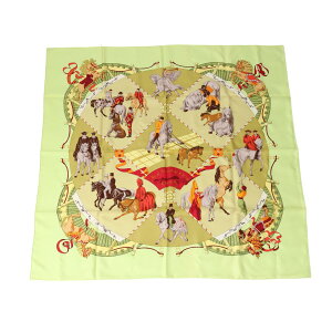 エルメス HERMES スカーフ ストール シャンティイ城馬の博物館 カレ90 シルク 黄緑 【SS】 【中古】