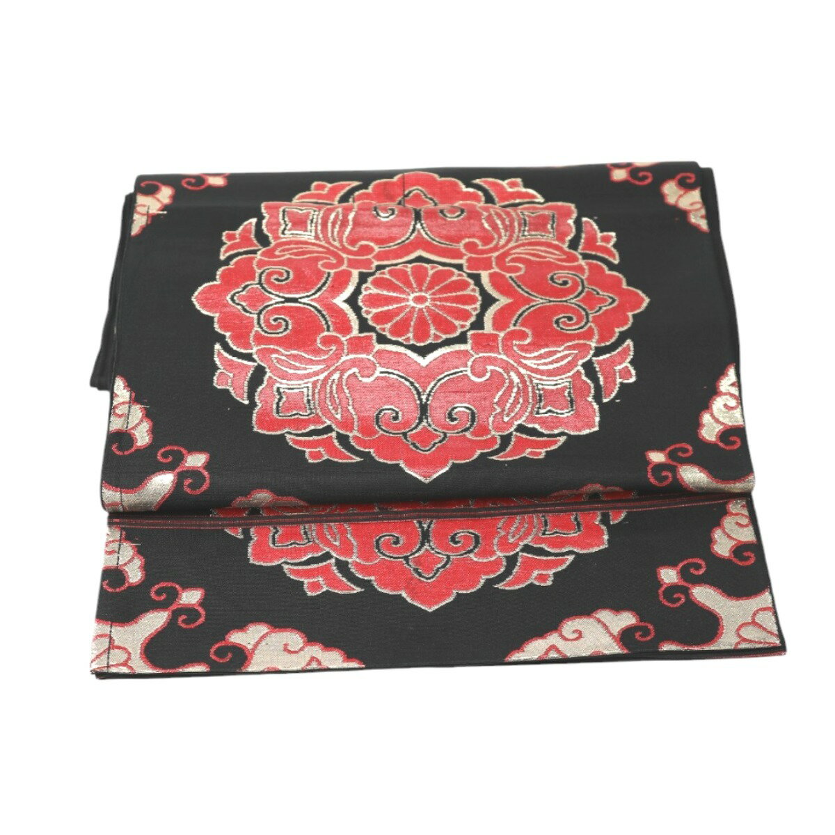その他帯 帯 和服 着物 赤の花柄 六通柄 ブラック 【H】 【中古】(4)