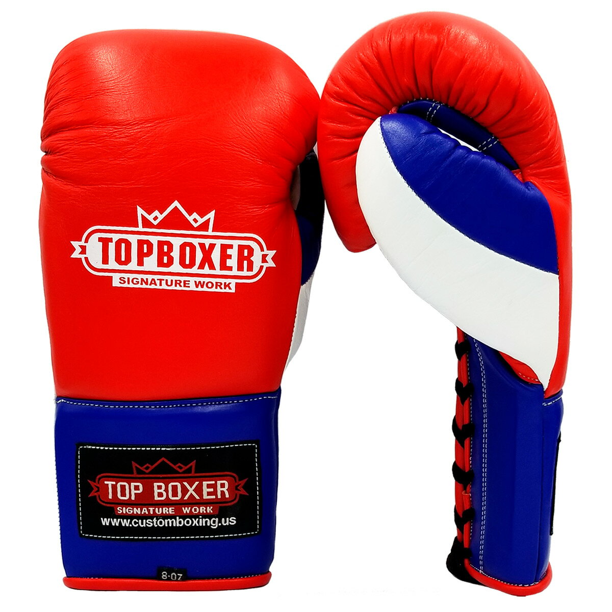 　TOP BOXER 　紐式 ボクシンググローブ（赤/青/白）8oz ／ Boxing Gloves with LACES - Red/Blue/White　／　正規品 本革 リアルレザー 牛革 スパーリンググローブ パンチンググローブ トレーニンググローブ ミット打ち メンズ レディース