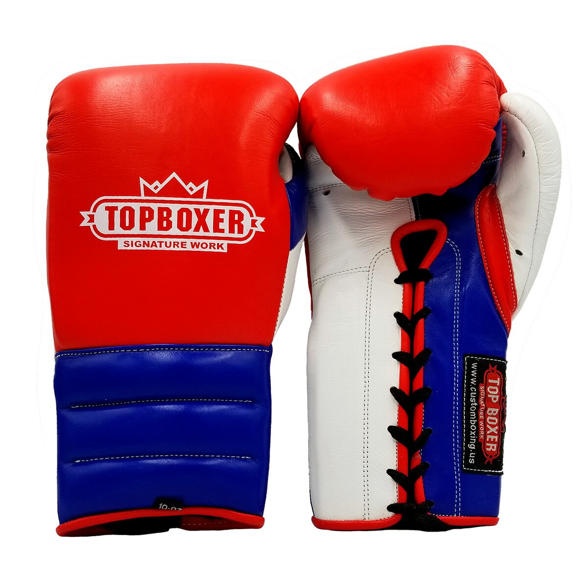 TOP BOXER 　紐式 ボクシンググローブ（赤/青/白）10oz-16oz ／ Boxing Gloves with LACES - Red/Blue/White　／　正規品 本革 リアルレザー 牛革 スパーリンググローブ パンチンググローブ トレーニンググローブ ミット打ち 練習用 試合 メンズ レディース