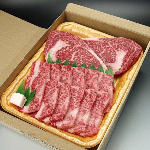 送料無料 国産牛肉のステーキ肉＆焼肉ギフト/厳選 旨い牛のリブロースビッグステーキ肉2枚とカルビ焼肉400g入り【沖縄・北海道/送料別途要】