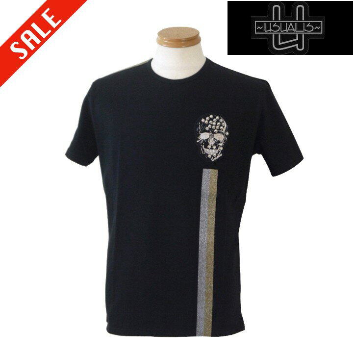 ウザリス/USUALIS 夏物 スカルロゴ半袖Tシャツ Lサイズ 507-黒系