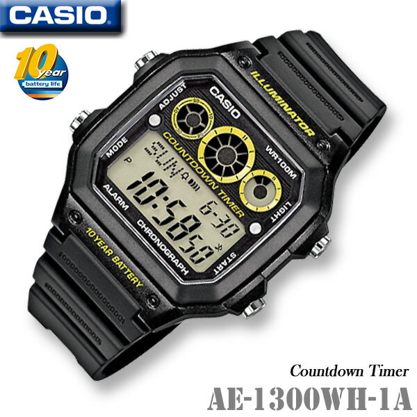 楽天メリット コレクションCASIO AE-1300WH-1A カシオ 人気 スポーツ デジタル メンズ 男の子 腕時計 黒 ブラック イエロー カウントダウンタイマー ストップウォッチ ワールドタイム 10気圧防水 新生活 就職 入学 学生 部活 誕生日 お祝い ギフト プレゼント【並行輸入 新品一年保証】＊送料無料＊