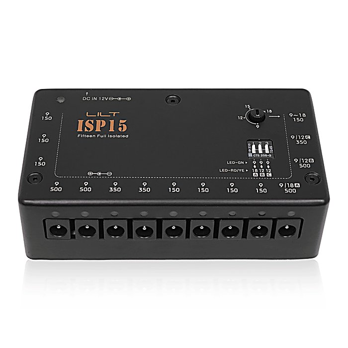 LILT(リルト) / ISP15の事ならフレンズにご相談ください。 LILT(リルト) / ISP15の特長！LILT ISP15 パワーサプライ/15出力独立型 LILT(リルト) / ISP15のココが凄い！15個のエフェクターに電源供給可能な完全独立型パワーサプライ。各出力がアイソレートされているためデジタルとアナログエフェクト混在時のノイズを抑制。コンパクトペダル並のサイズながら豊富な出力仕様を備え、手頃な価格帯で高機能を実現。LEDインジケーターと保護回路を装備し、実用性に配慮した設計。 LILT(リルト) / ISP15のメーカー説明 種類：パワーサプライアダプター：12Vセンターマイナス電池駆動：-コントロール：A/B/C、9-18LILT / ISP15リルト / アイエスピージュウゴLILT ISP15は、それぞれの出力が個別に独立した、完全独立型のパワーサプライです。専用の12Vアダプターを使用し、15個のエフェクターに電源を供給することができます。出力はそれぞれアイソレートされ、独立しているため、デジタルエフェクトとアナログエフェクトを共存させたときにノイズが出てしまうこともありません。各出力が絶縁された構造ながらコンパクトかつ軽量、そしてノイズレスな電源を実現。コンパクトペダルとほぼ同等のサイズと重量はペダルボードの隙間などに置いて使用できます。信頼性の高いアンチショート、および過負荷保護回路により、トラブルを抑えます。本体にはLEDインジケータがあり、ひと目でペダルの状態を確認できるため、トラブルが起こってしまった際の対処も的確に行えます。9V出力だけでなく、切り替え可能な9V/12V、9V/18V出力に加え、9V 18Vを連続的に可変できるSAGアウト LILT(リルト) / ISP15の仕様 種類：パワーサプライアダプター入力：12Vセンターマイナス出力：7系統DC9V/150mA、2系統DC9V/350mA、2系統DC9V/500mA、1系統DC9V/12V 350mA、1系統DC9V/12V 500mA、1系統DC9V/18V 500mA、1系統DC9V 18V 150mA（すべてセンターマイナス）サイズ：11.4 x 6.6 x 3.8cm重量：330g付属品：本体、電源アダプター、DCケーブル15本 全て新品。ケーブル・消耗品以外メーカー1年保証書付のでご安心してお買いもの頂けます。LILT(リルト) / ISP15の事ならフレンズにご相談ください。 LILT(リルト) / ISP15の特長！LILT ISP15 パワーサプライ/15出力独立型 LILT(リルト) / ISP15のココが凄い！15個のエフェクターに電源供給可能な完全独立型パワーサプライ。各出力がアイソレートされているためデジタルとアナログエフェクト混在時のノイズを抑制。コンパクトペダル並のサイズながら豊富な出力仕様を備え、手頃な価格帯で高機能を実現。LEDインジケーターと保護回路を装備し、実用性に配慮した設計。 LILT(リルト) / ISP15のメーカー説明 種類：パワーサプライアダプター：12Vセンターマイナス電池駆動：-コントロール：A/B/C、9-18LILT / ISP15リルト / アイエスピージュウゴLILT ISP15は、それぞれの出力が個別に独立した、完全独立型のパワーサプライです。専用の12Vアダプターを使用し、15個のエフェクターに電源を供給することができます。出力はそれぞれアイソレートされ、独立しているため、デジタルエフェクトとアナログエフェクトを共存させたときにノイズが出てしまうこともありません。各出力が絶縁された構造ながらコンパクトかつ軽量、そしてノイズレスな電源を実現。コンパクトペダルとほぼ同等のサイズと重量はペダルボードの隙間などに置いて使用できます。信頼性の高いアンチショート、および過負荷保護回路により、トラブルを抑えます。本体にはLEDインジケータがあり、ひと目でペダルの状態を確認できるため、トラブルが起こってしまった際の対処も的確に行えます。9V出力だけでなく、切り替え可能な9V/12V、9V/18V出力に加え、9V 18Vを連続的に可変できるSAGアウトも搭載しています。●アウトプット7x DC9V/150mA2x DC9V/350mA2x DC9V/500mA 1x DC9V/12V 350mA1x DC9V/12V 500mA1x DC9V/18 LILT(リルト) / ISP15の仕様 種類：パワーサプライアダプター入力：12Vセンターマイナス出力：7系統DC9V/150mA、2系統DC9V/350mA、2系統DC9V/500mA、1系統DC9V/12V 350mA、1系統DC9V/12V 500mA、1系統DC9V/18V 500mA、1系統DC9V 18V 150mA（すべてセンターマイナス）サイズ：11.4 x 6.6 x 3.8cm重量：330g付属品：本体、電源アダプター、DCケーブル15本 全て新品。ケーブル・消耗品以外メーカー1年保証書付のでご安心してお買いもの頂けます。