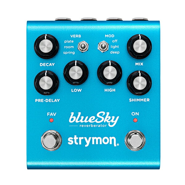 STRYMON(ストライモン) / blueSky V2の事ならフレンズにご相談ください。 STRYMON(ストライモン) / blueSky V2の特長！人気の機種がモダンアップデート STRYMON(ストライモン) / blueSky V2のココが凄い！ファームウェアのアップデートやMIDI接続ができるUSB-Cポートに加え、 MIDIを操るためのTRS MIDIジャック、モノラル / ステレオ切り替え可能なフルステレオ入出力、プレミアムJFET入力を備えています。パワフルなARMプロセッサーが新たに採用され、消費電力を押さえながらより高い処理能力を誇ります。MIDIクロック同期では最大300ものプリセットが保存可能。ユーザーインターフェイスもより使いやすくシンプルに、直感的な操作性を可能にしながら、より多彩で細かな設定まで対応できます。 STRYMON(ストライモン) / blueSky V2のメーカー説明 コンパクトペダルのリバーブに革命を起こした blueSky が進化しました。更に美しく広がりのあるサウンドスケープを追究した本モデルでは、旧モデル同様 plate、room、spring の3 種類のリバーブタイプを搭載し、モジュレーションは light、deep、off に切り替えられます。新たに追加された SHIMMER ノブではリバーブ音に 1 オクターブ上の音を、roomリバーブでは1オクターブ上と5度上の音を、springリバーブでは 1オクターブ下の音をそれぞれ追加します。クラッシックなスプリングリバーブのファン、スタジオラック愛好家、新しいサウンドを追い求めるアンビエント系クリエイターなど、あらゆる高い要求に応えられる高品位なリバーブサウンドに仕上がりました。 STRYMON(ストライモン) / blueSky V2の仕様 ■ハイインピーダンス超低ノイズClassA JFETプリアンプ入力■ローインピーダンスステレオ出力■TRSエクスプレッションペダル、Strymon MiniSwitch、MultiSwitch Plus、　TRS MIDIが接続可能なエクスプレッション入力■USB-C対応（MIDI接続、ファームウエアアップデート用）■独立した2つのOn/Offフットスイッチ■高品質JFET入力■超低ノイズ、ハイパフォーマンスな24-bit 96kHz A/D＆D/Aコンバータ■ハイパフォーマンス520MHz ARMスーパースカラープロセッサー■32-bit浮遊演算プロセッシング■20Hzから20kHzのフリーケンシーレスポンス■入力インピーダンス: 1M Ohm■出力インピーダンス: 100 Ohm■牢性と軽量性を兼ね備えたダークグレーのアルミボディ■9VDCパワープライ■最大9V DC(センターマイナス)、最小300mA■Designed a ※こちらを含む商品は2022年07月05日以降の発送となります。予めご了承下さい。 全て新品。ケーブル・消耗品以外メーカー1年保証書付のでご安心してお買いもの頂けます。STRYMON(ストライモン) / blueSky V2の事ならフレンズにご相談ください。 STRYMON(ストライモン) / blueSky V2の特長！人気の機種がモダンアップデート STRYMON(ストライモン) / blueSky V2のココが凄い！ファームウェアのアップデートやMIDI接続ができるUSB-Cポートに加え、 MIDIを操るためのTRS MIDIジャック、モノラル / ステレオ切り替え可能なフルステレオ入出力、プレミアムJFET入力を備えています。パワフルなARMプロセッサーが新たに採用され、消費電力を押さえながらより高い処理能力を誇ります。MIDIクロック同期では最大300ものプリセットが保存可能。ユーザーインターフェイスもより使いやすくシンプルに、直感的な操作性を可能にしながら、より多彩で細かな設定まで対応できます。 STRYMON(ストライモン) / blueSky V2のメーカー説明 コンパクトペダルのリバーブに革命を起こした blueSky が進化しました。更に美しく広がりのあるサウンドスケープを追究した本モデルでは、旧モデル同様 plate、room、spring の3 種類のリバーブタイプを搭載し、モジュレーションは light、deep、off に切り替えられます。新たに追加された SHIMMER ノブではリバーブ音に 1 オクターブ上の音を、roomリバーブでは1オクターブ上と5度上の音を、springリバーブでは 1オクターブ下の音をそれぞれ追加します。クラッシックなスプリングリバーブのファン、スタジオラック愛好家、新しいサウンドを追い求めるアンビエント系クリエイターなど、あらゆる高い要求に応えられる高品位なリバーブサウンドに仕上がりました。 STRYMON(ストライモン) / blueSky V2の仕様 ■ハイインピーダンス超低ノイズClassA JFETプリアンプ入力■ローインピーダンスステレオ出力■TRSエクスプレッションペダル、Strymon MiniSwitch、MultiSwitch Plus、　TRS MIDIが接続可能なエクスプレッション入力■USB-C対応（MIDI接続、ファームウエアアップデート用）■独立した2つのOn/Offフットスイッチ■高品質JFET入力■超低ノイズ、ハイパフォーマンスな24-bit 96kHz A/D＆D/Aコンバータ■ハイパフォーマンス520MHz ARMスーパースカラープロセッサー■32-bit浮遊演算プロセッシング■20Hzから20kHzのフリーケンシーレスポンス■入力インピーダンス: 1M Ohm■出力インピーダンス: 100 Ohm■牢性と軽量性を兼ね備えたダークグレーのアルミボディ■9VDCパワープライ■最大9V DC(センターマイナス)、最小300mA■Designed and built in the USA■サイズ：114mm（幅）× 102mm（縦）× 44 mm（高） ※こちらを含む商品は2022年07月05日以降の発送となります。予めご了承下さい。 全て新品。ケーブル・消耗品以外メーカー1年保証書付のでご安心してお買いもの頂けます。