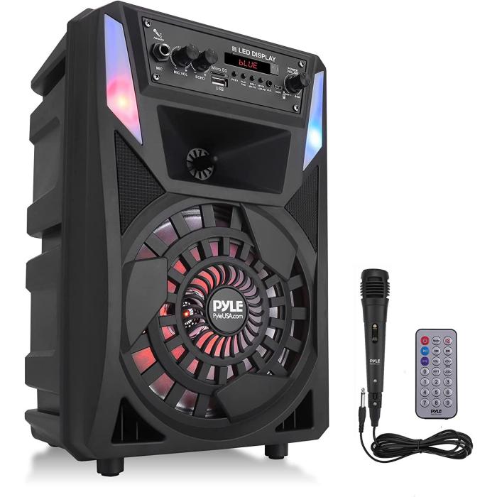 PYLE ポータブル PAスピーカーBluetooth - 300W / カラオケシステム搭載 / マルチカラーライトアップ / FM / AUX / MP3 / USB / SD - 有線マイク リモコン付 新生活応援