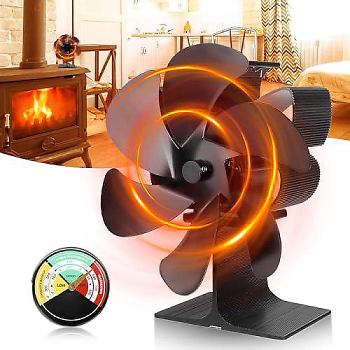 Wood Stove Fan(ウッドストーブファン) 6枚刃熱駆動型暖炉ファン、エコファン非電動 176°F開始、熱活性化サーマルファン 25db ガス ペレットストーブ マグネット付き温度計付きアクセサリーお正月 セール