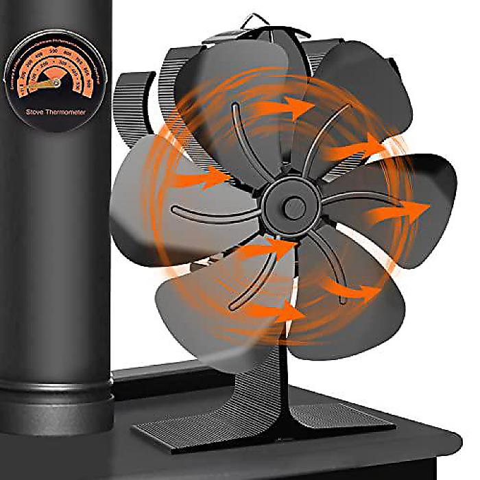 ウッドバーナーストーブ用ファン(6枚羽根) エコセンサー搭載の熱駆動ファイアプレースファン ログバーナーストーブに最適な暖房効果 ストーブ温度計付きお正月 セール