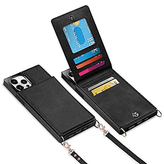 Vofolen iPhone 13 Pro Maxケース ウォレット クレジットカードホルダー ラニヤード クロスボディストラップ 女性用レザー磁石式留め金 スタンド付きヘビーデューティ保護スクエアフリップカバー ブラックお正月 セール
