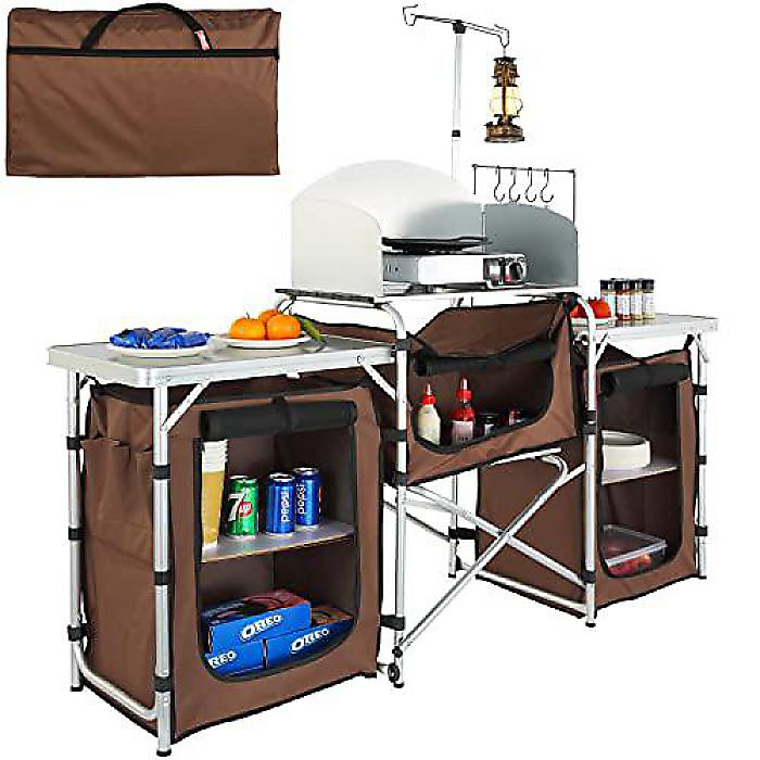 VEVOR キャンプキッチン アウトドアテーブル + 収納ケース付き 折りたたみ式 アルミ製調理ステーション 3棚 & 取り外し可能な防風板 クイックセットアッ...