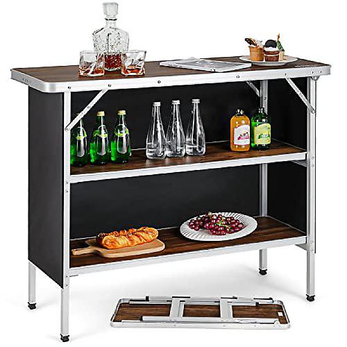 Goplus折りたたみキャンプテーブル アルミポータブルポップアップバーテーブル 2層収納棚 取り外し可能なクロスカバー(コーヒー)夏休スペシャル