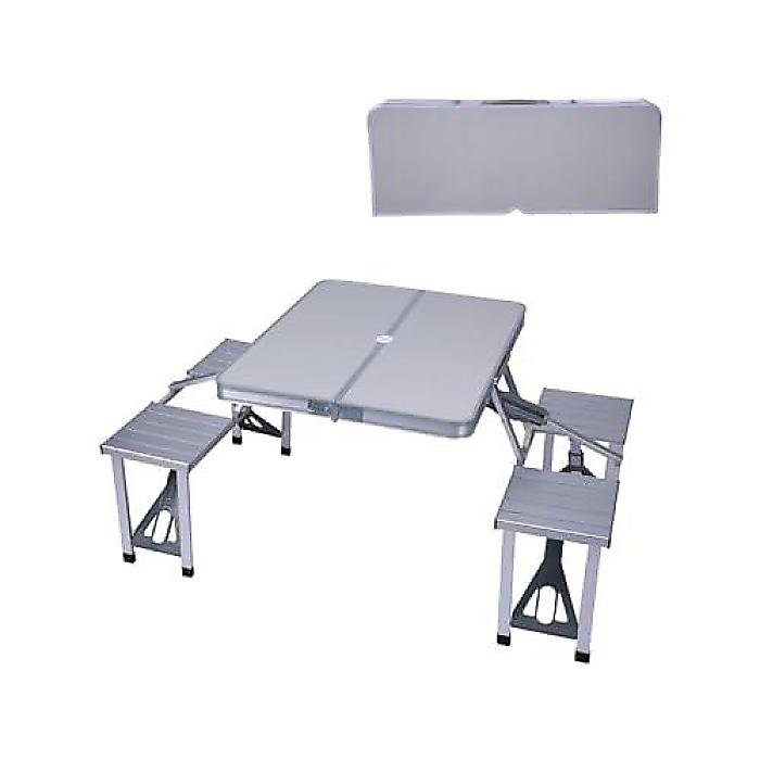 Folding Camping Table Chair Set - Silver(シルバー) アルミニウムスーツケース式ポータブルキャンプピクニックテーブル＆4席 パーティー BBQ ビーチ用アンブレラホール付クリスマス セール