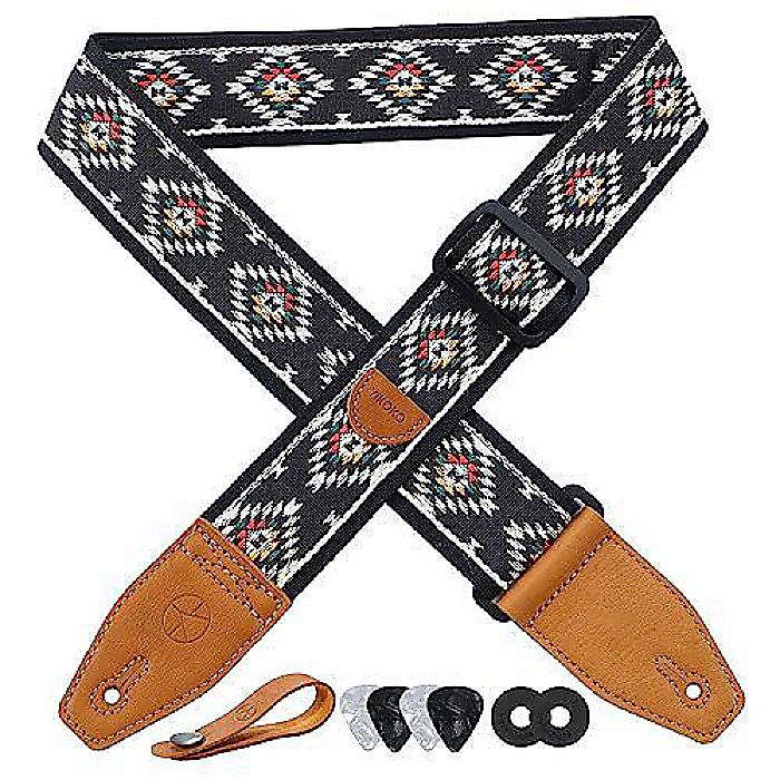 YIKOKOギターストラップ2インチ、綿刺繍フローラルギターストラップ フルグレインレザーエンド付き、ベース、エレクトリック、アコースティックギター用、ストラッ...