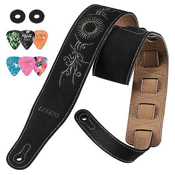 LEKATO スエードベース用ギターストラップ「ソフトスエード」2.3インチ幅 ピックホルダー付き (エレキベース・アコースティックギター用) 調整可能な長さ3...