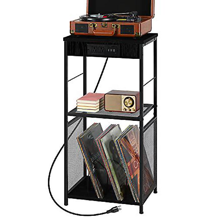 Record Player Stand with USB Ports and Power Outlets, Industrial Black Vinyl Record Storage Charging Station Tableクリスマス セール