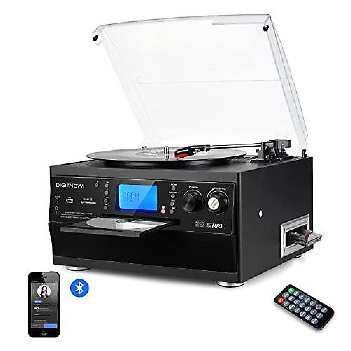 DIGITNOW Bluetooth Record Player Turntable with Stereo Speaker, LP Vinyl to MP3 Converter, CD Cassette Radio USB/SD Encoding, Remote ControlNX}X Z[