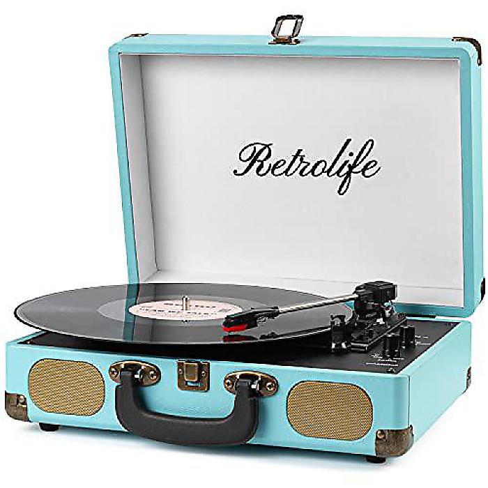 Record Player with Speakers (スピーカー付きレコードプレーヤー) 3-Speed Bluetooth Suitcase Portable Vinyl Record Player (3速ブルートゥース搭載ポータブルレコードプレーヤー) Blue (ブルー)夏休スペシャル