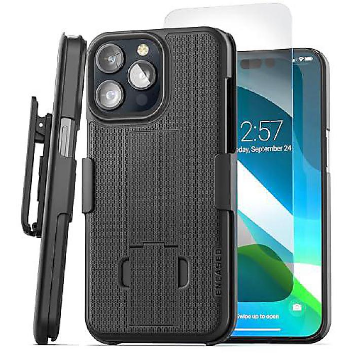 Encased DuraClip Holster iPhone 15 Pro Max ケース用ホルスター＆ベルトクリップ スクリーンプロテクター（UHD強化ガラス） - ブラッククリスマス セール