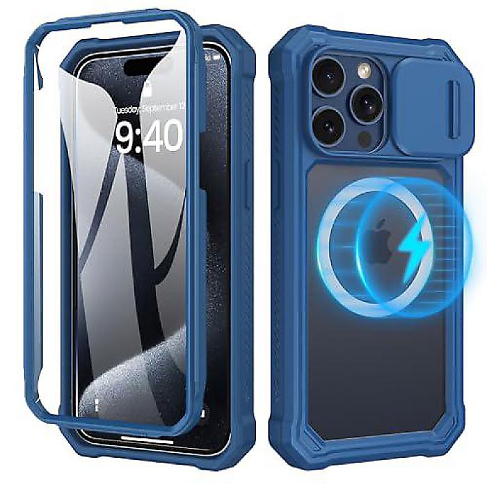 Ruky iPhone 15 Pro Max Case (ルーキー・アイフォーン15プロマックスケース) フルボディカバー マグセーフ対応 スライドカメラカバー ビルトインスクリーンプロテクター ヘビーデューティ保護 6.7インチブルークリスマス セール