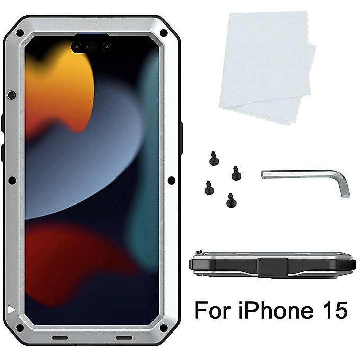 【ホワイト】Marrkey iPhone 15対応ケース【Tough Armour】アルミ合金メタルケース、シリコン内蔵スクリーンプロテクター付き、フルボディ防護カバー-新生活応援 3