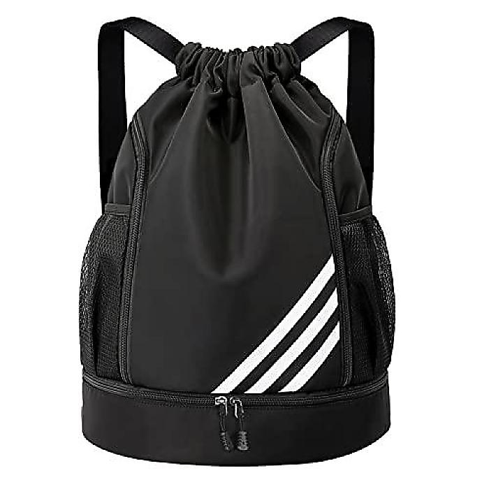 Drawstring Backpack Water Resistant String Bag Gym Sports with Shoe Compartment Side Mesh Pockets for Women Men (Black)新生活応援