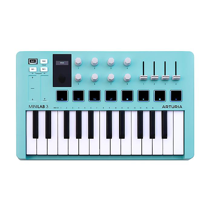 Arturia(アートリア) / MiniLab 3 Aquamarineの事ならフレンズにご相談ください。Arturia(アートリア) / MiniLab 3 Aquamarineセット商品一覧BlackWhiteChampagneDeep BlackAquamarineRose Quartz Arturia(アートリア) / MiniLab 3 Aquamarineの特長！限定カラーAquamarine ＆ Rose Quartz登場！ Arturia(アートリア) / MiniLab 3 Aquamarineのココが凄い！MiniLab 3 Aquamarine と Rose Quartz は、同じコンパクトなMIDIコントローラーを、2つの新しい特別カラーで展開したモデルです。MiniLabの直感的なワークフローをそのままに、明るくデザイン性の高い外観を求めるプロデューサーに最適です。 Arturia(アートリア) / MiniLab 3 Aquamarineのメーカー説明 ■ハンズ・オンで簡単に使えるタッチ感の優れたキーボード、スマートなDAW内蔵パッド＆フェーダー、リアルタイムのミニディスプレイまで、MiniLab 3は、直感的で表現力豊か、初心者からプロまで、使う楽しさを感じられるように設計されています。■クリエイティブな機能アルペジエーター、コード・モード、カスタムDAWプリセット、トランスポートコントロールなど、クリエイティブな作業をサポートし、音楽制作がより身近になものになります。■ポータブルで使いやすいデザインMiniLab 3は、コンパクトで軽量なデザイン、より高いDAWとの連携、MIDI出力とUSB-C接続により、ベッドルームからステージまで、あらゆるセットアップにシームレスにフィットするように作られています。■クリエイティブなソフトウェアが付属ワールドクラスのMIDIコントローラーのMiniLab 3には業界標準のDAWから500を超えるシンセ＆キーボード・プリセットまで、プレミアムな音楽制作ソフトウェアがフル・パッケージで提供されます。 Arturia(アートリア) / MiniLab 3 Aquamarineの仕様 ■主な仕様・25鍵ベロシティ・センシティブ・スリム鍵盤・便利で操作感の良いコントロール:・8 x 2バンク分のRGBバックライト付き高品質ベロシティ＆感圧パッド・8つのロータリーエンコーダー・4つのスライダー・ミニ・ディスプレイとクリック可能なブラウズ・ノブで、微調整とコントロールのリアルタイム・フィードバックが可能。・アルペジエーター・ホールド・モードとコード・モード・優れたDAW機能:・主要なDAWとの直感的な連携を可能にするカスタムDAWマッピング・8つのDAW＆ユーザー・プリセット・DAWトランスポート・コントロール・オクターブ上下ボタンでフルレンジ、トランスポーズで半音移調・ピッチベンドとモジュレーション・ホイール用の2つの静電容量式タッチセンサー・ペダル用コントロール入力:サステイン、エクスプレッション、フットスイッチ・コンピューターやMIDI Control Centerに接続するUSB-C MIDI・M 全て新品。ケーブル・消耗品以外メーカー1年保証書付のでご安心してお買いもの頂けます。Arturia(アートリア) / MiniLab 3 Aquamarineの事ならフレンズにご相談ください。 Arturia(アートリア) / MiniLab 3 Aquamarineの特長！限定カラーAquamarine ＆ Rose Quartz登場！ Arturia(アートリア) / MiniLab 3 Aquamarineのココが凄い！MiniLab 3 Aquamarine と Rose Quartz は、同じコンパクトなMIDIコントローラーを、2つの新しい特別カラーで展開したモデルです。MiniLabの直感的なワークフローをそのままに、明るくデザイン性の高い外観を求めるプロデューサーに最適です。 Arturia(アートリア) / MiniLab 3 Aquamarineのメーカー説明 ■ハンズ・オンで簡単に使えるタッチ感の優れたキーボード、スマートなDAW内蔵パッド＆フェーダー、リアルタイムのミニディスプレイまで、MiniLab 3は、直感的で表現力豊か、初心者からプロまで、使う楽しさを感じられるように設計されています。■クリエイティブな機能アルペジエーター、コード・モード、カスタムDAWプリセット、トランスポートコントロールなど、クリエイティブな作業をサポートし、音楽制作がより身近になものになります。■ポータブルで使いやすいデザインMiniLab 3は、コンパクトで軽量なデザイン、より高いDAWとの連携、MIDI出力とUSB-C接続により、ベッドルームからステージまで、あらゆるセットアップにシームレスにフィットするように作られています。■クリエイティブなソフトウェアが付属ワールドクラスのMIDIコントローラーのMiniLab 3には業界標準のDAWから500を超えるシンセ＆キーボード・プリセットまで、プレミアムな音楽制作ソフトウェアがフル・パッケージで提供されます。■バンドル内容Ableton Live Lite、Analog Lab Intro、UVI Model Dグランドピアノ、Native InstrumentsのThe G Arturia(アートリア) / MiniLab 3 Aquamarineの仕様 ■主な仕様・25鍵ベロシティ・センシティブ・スリム鍵盤・便利で操作感の良いコントロール:・8 x 2バンク分のRGBバックライト付き高品質ベロシティ＆感圧パッド・8つのロータリーエンコーダー・4つのスライダー・ミニ・ディスプレイとクリック可能なブラウズ・ノブで、微調整とコントロールのリアルタイム・フィードバックが可能。・アルペジエーター・ホールド・モードとコード・モード・優れたDAW機能:・主要なDAWとの直感的な連携を可能にするカスタムDAWマッピング・8つのDAW＆ユーザー・プリセット・DAWトランスポート・コントロール・オクターブ上下ボタンでフルレンジ、トランスポーズで半音移調・ピッチベンドとモジュレーション・ホイール用の2つの静電容量式タッチセンサー・ペダル用コントロール入力:サステイン、エクスプレッション、フットスイッチ・コンピューターやMIDI Control Centerに接続するUSB-C MIDI・M 全て新品。ケーブル・消耗品以外メーカー1年保証書付のでご安心してお買いもの頂けます。