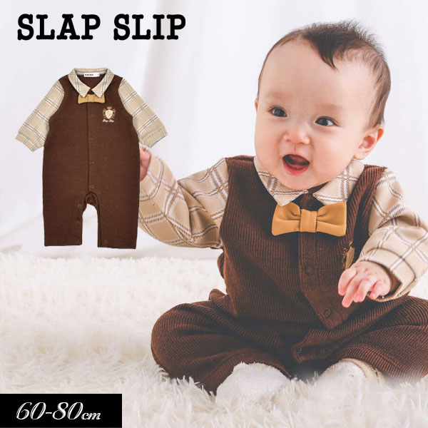 ＜40％OFF＞2023秋冬【SLAP SLIP/スラップスリップ/byベベ】チェック柄 シャツ 蝶ネクタイ付 ベストドッキング風 カバーオール≪60cm 70cm 80cm≫ベビー服 子ども服 男の子 ベビー キッズ 赤ちゃん ロンパス かわいい