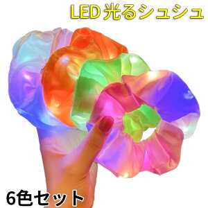 【お買い物マラソン_100円クーポン発行中】光るシュシュ ヘアアクセサリー 光る LED ヘアゴム 大人 子供 ヘア 夏祭り 盆踊り お祭り ハロウィン クリスマス パーティー きれい かわいい ペットのお散歩 手首 ブレスレット 6色セット