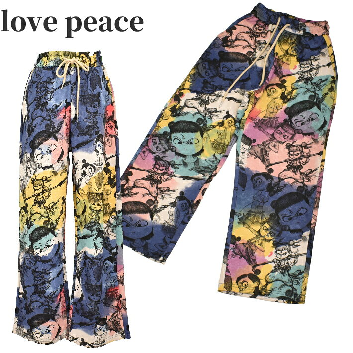 樂天商城 - パンツ レディース イージーパンツ 総柄 プリント ウエストゴム 大人カジュアル ジャージ 女の子柄 LOVE PEACE E8068【中】 ボトム 春 秋 冬 S M L LL キャラクター