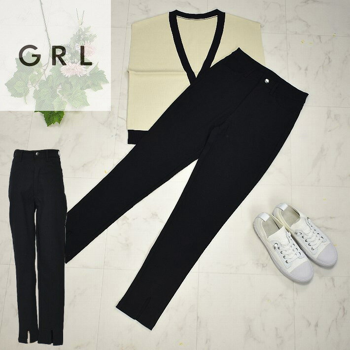 ＼LINEお友達クーポン17％OFF／GRL グレイル スキニーパンツ 美シルエット 前スリット ラク伸びストレッチ 【小】rut1048 M/L プチプラ ブラック ウエストゴムのサムネイル