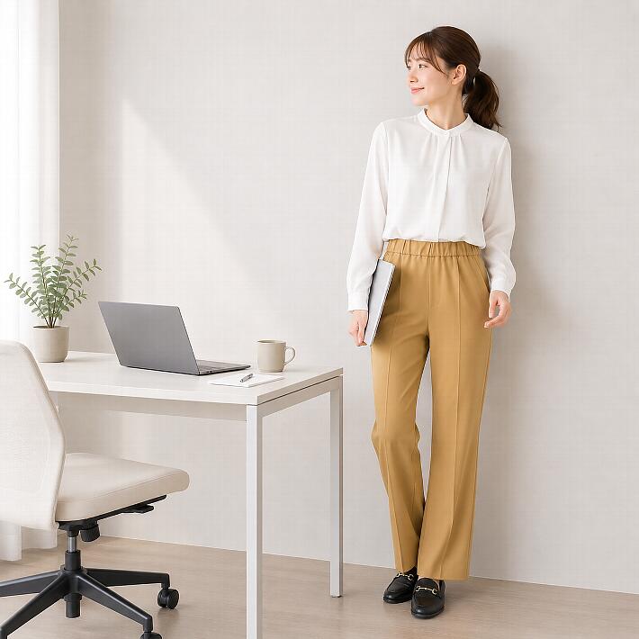 BEATRICE 日本製 パンツ レディース ベージュ ウエストゴム ストレートパンツ きれいめ 40代 50代 60代 ミセス 春 秋ファッサンファール 37604 ウエストゴム