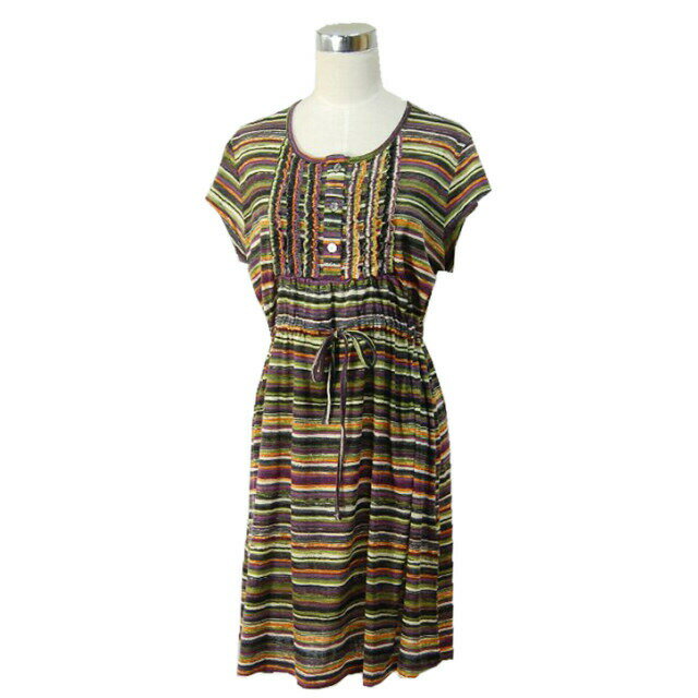 [3000円ポッキリ送料無料]神戸 mimizan ミミザン ボーダー柄 前フリル 半袖 ワンピース 120828 秋冬色 ボーダー M～L 上品なフリル付き デザイン レディース ワンピ カジュアル かわいい 大人