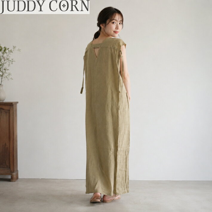 JUDDYCORN 日本製 リネンワンピース レディース ベージュ ノースリーブ 麻100％ ロング丈 40代 50代 60代 ミセス 春 夏 8695 ベージュ ジュディーコーン