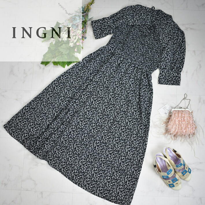 イング ワンピース ＼マラソン期間中10％OFF♪／INGNI イング シフォンワンピース マキシ丈 フレアライン ロングワンピ レディース 【中】バルーン袖 ボリューム袖 ロング丈 小花模様 上品 カジュアル ブラック/ベージュ 母の日