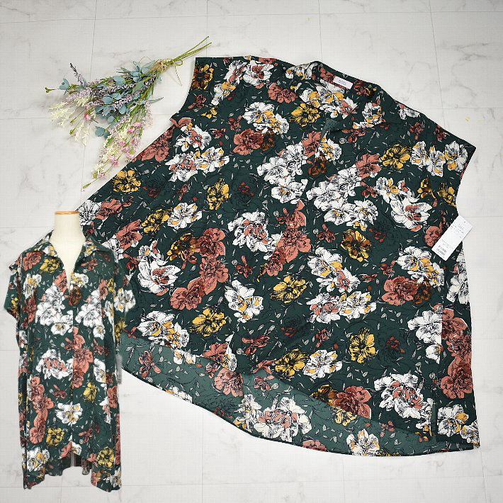 ＼マラソン期間中10%OFF＋定価の50%OFF／ALDILA チュニック オーバーブラウス スキッパー ワイド幅 トップス 花柄 シャツジャケット ロング丈 レディース 【小】7182730 深緑 春/夏/秋 ップス 半額
