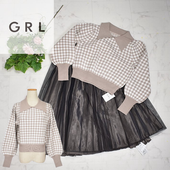 ＼マラソン♪P2倍+10%OFFクーポン／GRL グレイル 長袖 セーター ニット 格子柄 レディース 【小】rut841 トップス カジュアル かわいい イエベ/ブルベ 春/秋/冬 ボリューム袖のサムネイル