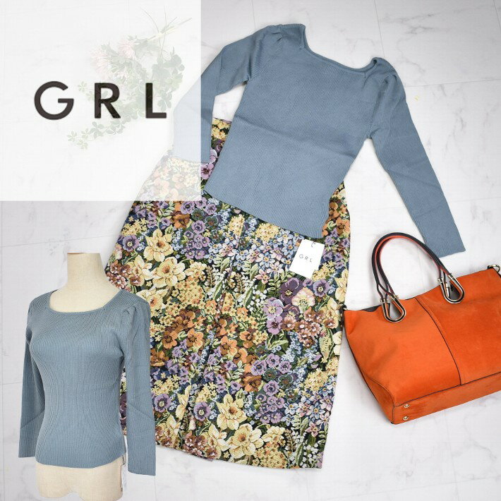 \定価の50%OFF+LINEお友達で10%OFF/grl グレイル スクエアネック リブニットトップス ニット レディース レーヨン 【小】くすみブルー GRL 色無地 7分袖 リブ インナー rut318 M/L 春/秋/冬/秋冬 定番 人気 10代 半額