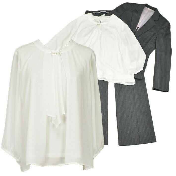 ＼定価から50%OFF＋半額クーポン配布中／訳あり ビジネス ブラウス ひじ袖 オーバーブラウス 前リボン 7分袖丈 ワイド幅 トップス シャツ レディース ホワイト LL/13号【小】2030(101410) アウトレット